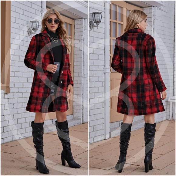 Red black plaid fall winter coat jacket - Picture 2 of 3